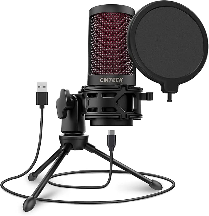 CMTECK USB Microphone, Microphone for PC with Pop Filter & Mute Button, Plug &Play Desktop Podcast Microphone with LED Indicator, Compatible with Windows/Mac, Ideal for YouTube, Skype, Recording