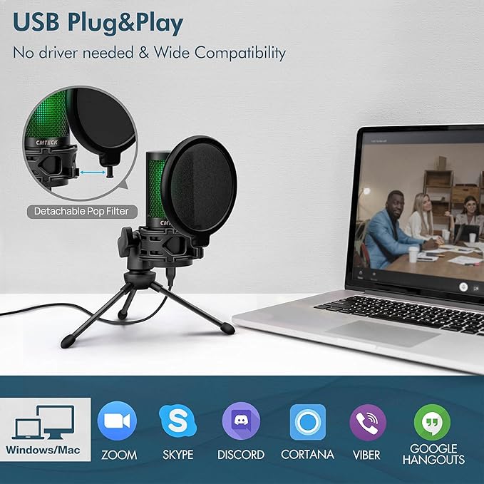 CMTECK USB Microphone, Microphone for PC with Pop Filter & Mute Button, Plug &Play Desktop Podcast Microphone with LED Indicator, Compatible with Windows/Mac, Ideal for YouTube, Skype, Recording