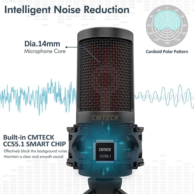 CMTECK USB Microphone, Microphone for PC with Pop Filter & Mute Button, Plug &Play Desktop Podcast Microphone with LED Indicator, Compatible with Windows/Mac, Ideal for YouTube, Skype, Recording