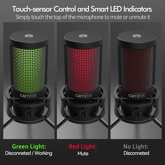 CMTECK USB Microphone, Microphone for PC with Pop Filter & Mute Button, Plug &Play Desktop Podcast Microphone with LED Indicator, Compatible with Windows/Mac, Ideal for YouTube, Skype, Recording
